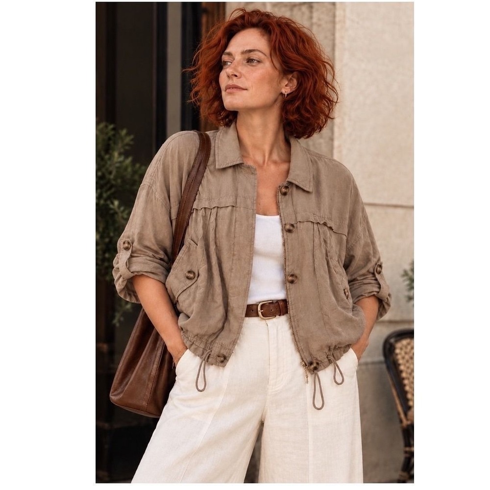 XXL Linen Blend Utility Jacket Taupe Drawstring Lightweight By Sonoma